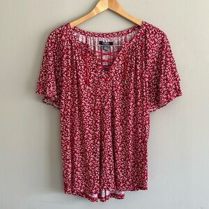 NWT CHAPS RED FLORAL TOP Flutter Sleeve Blouse Plus XXL Tie Front
